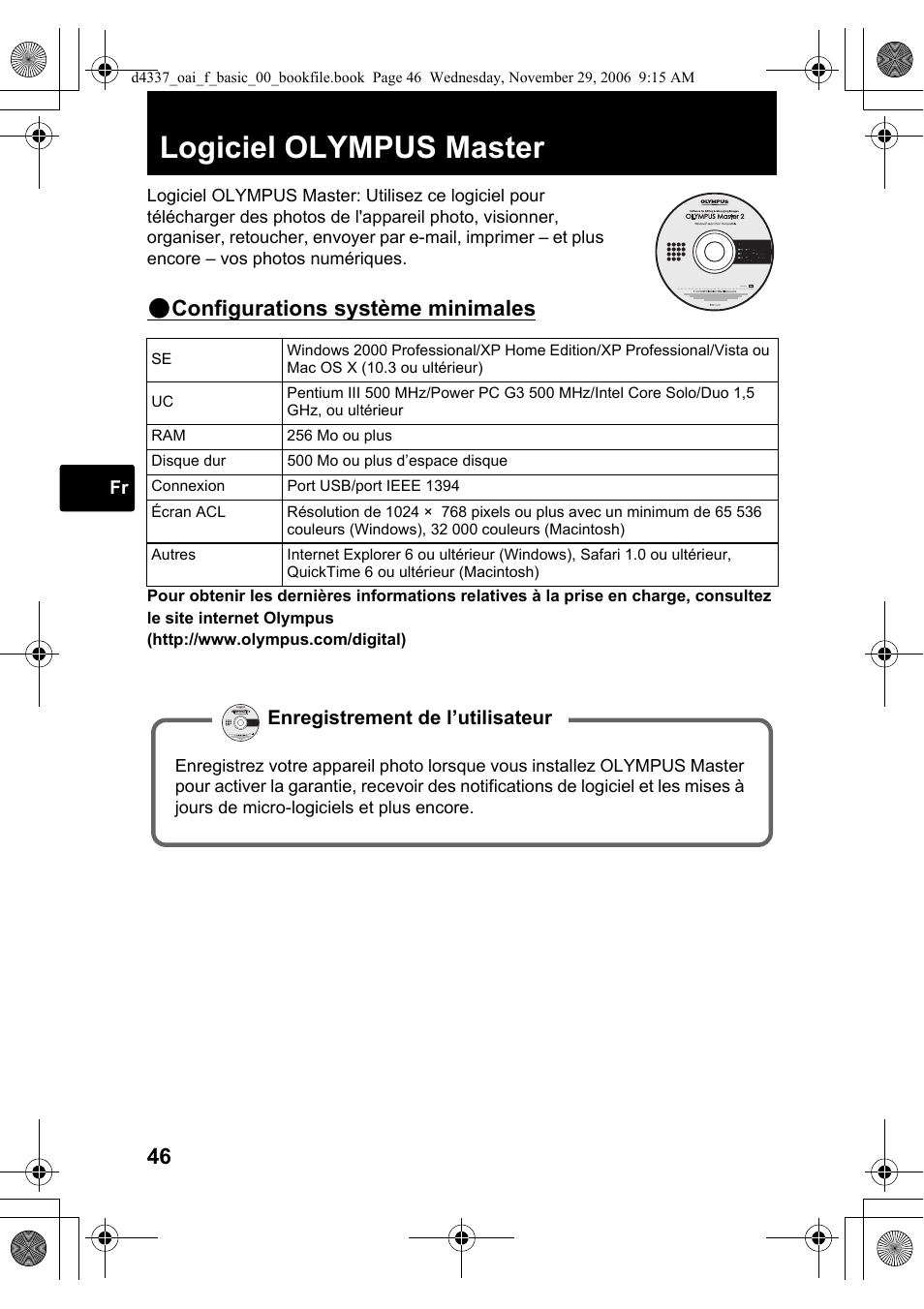 Logiciel olympus master, Configurations système minimales | Olympus FE-220 User Manual | Page 46 / 108