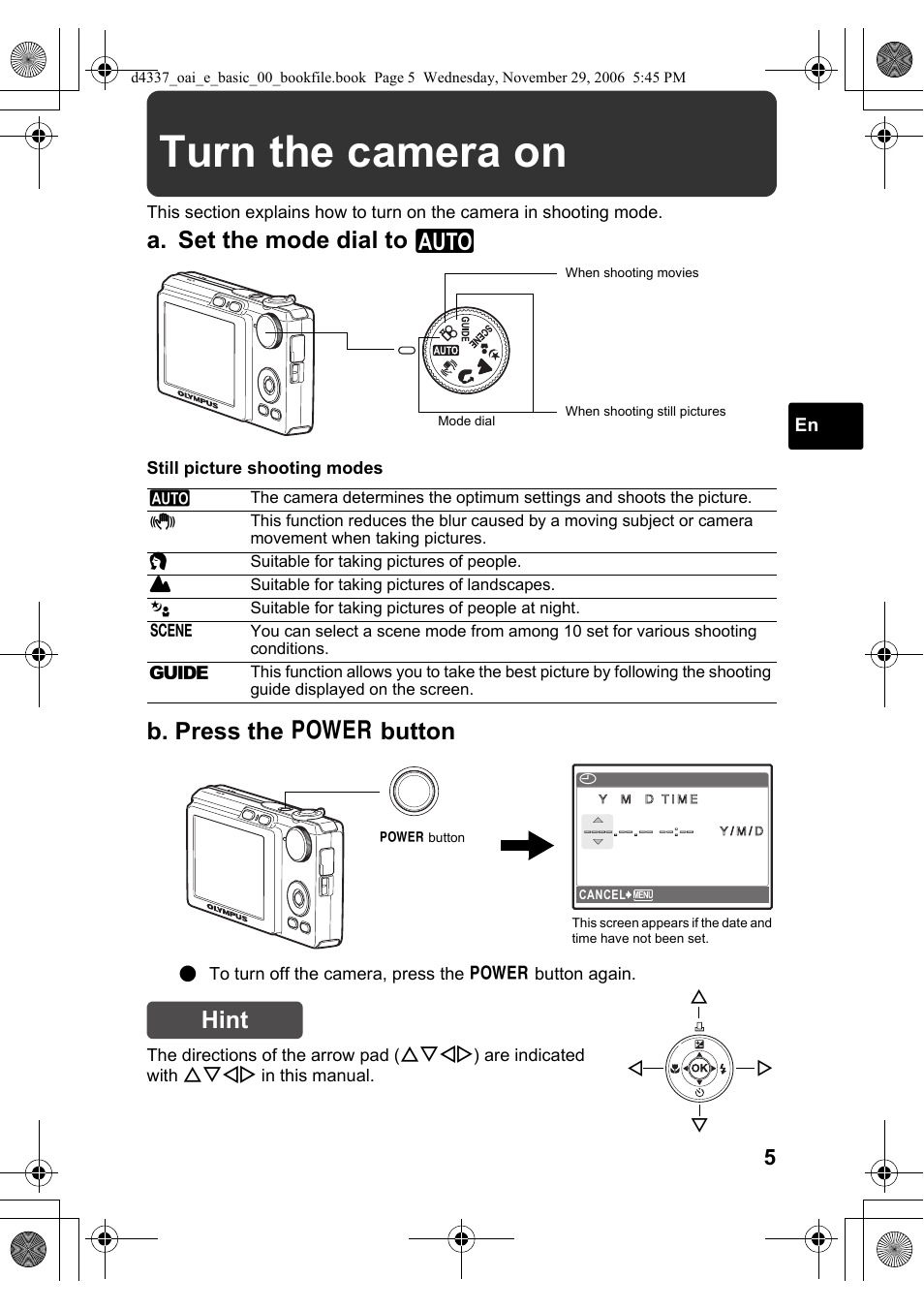 Turn the camera on, A. set the mode dial to h, B. press the o button | Hint | Olympus FE-220 User Manual | Page 5 / 108
