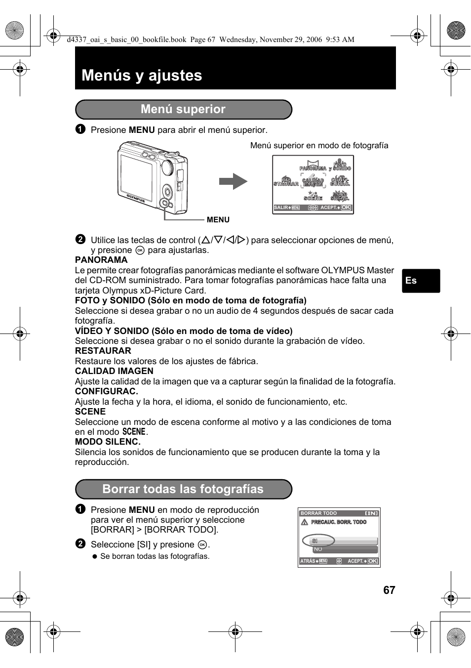 Menús y ajustes, Menú superior, Borrar todas las fotografías | Presione menu para abrir el menú superior, Seleccione [si] y presione i, Menú superior en modo de fotografía | Olympus FE-220 User Manual | Page 67 / 108