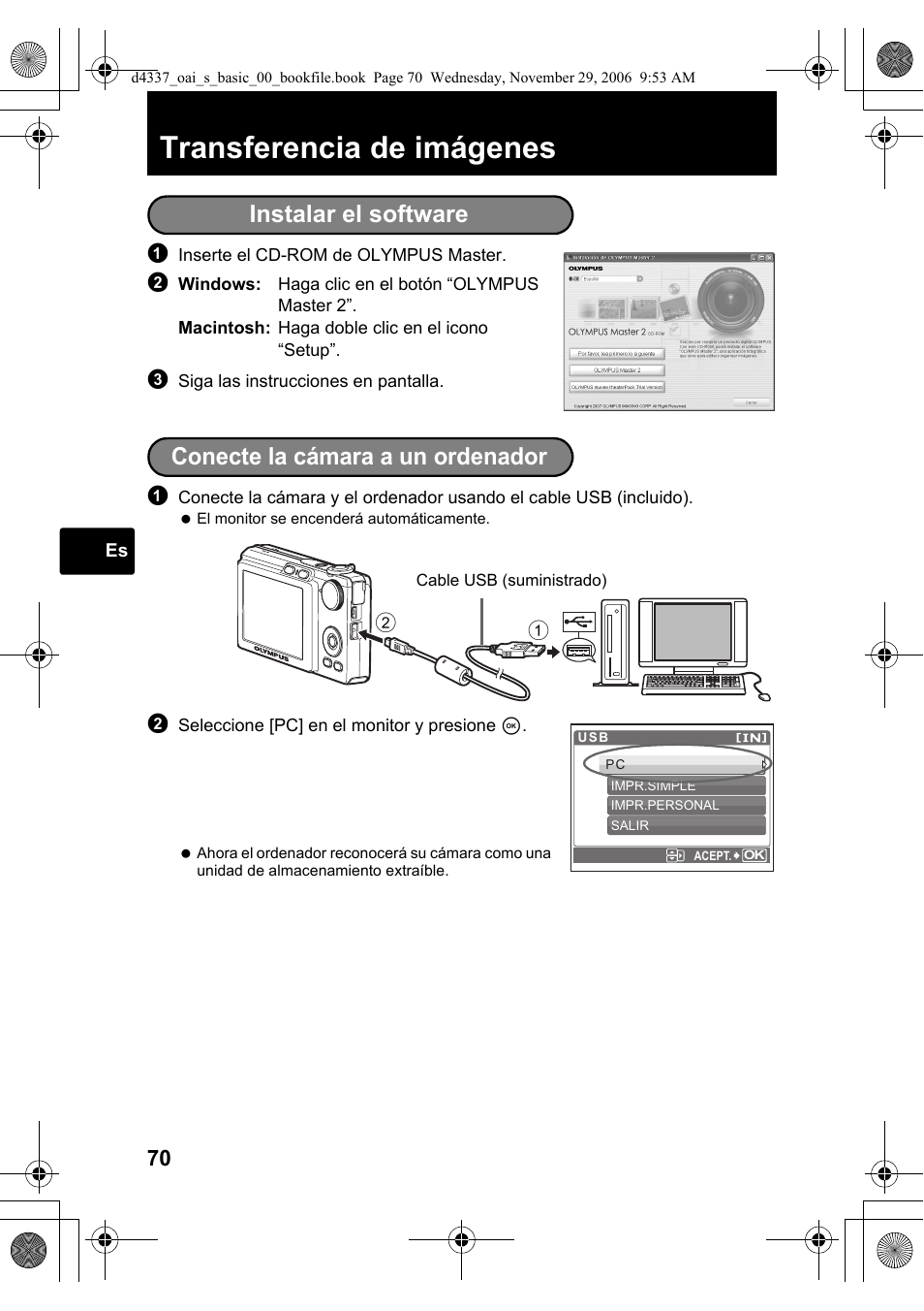 Transferencia de imágenes, Instalar el software, Conecte la cámara a un ordenador | Olympus FE-220 User Manual | Page 70 / 108