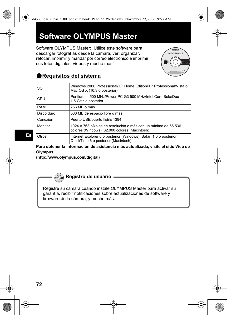 Software olympus master, Requisitos del sistema | Olympus FE-220 User Manual | Page 72 / 108