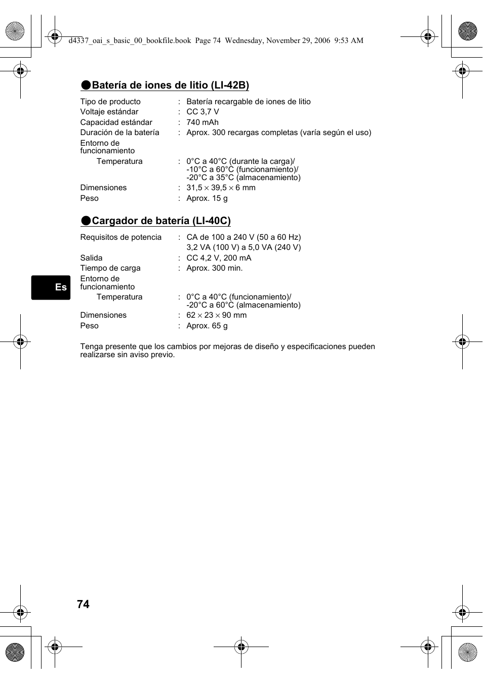 Batería de iones de litio (li-42b), Cargador de batería (li-40c) | Olympus FE-220 User Manual | Page 74 / 108