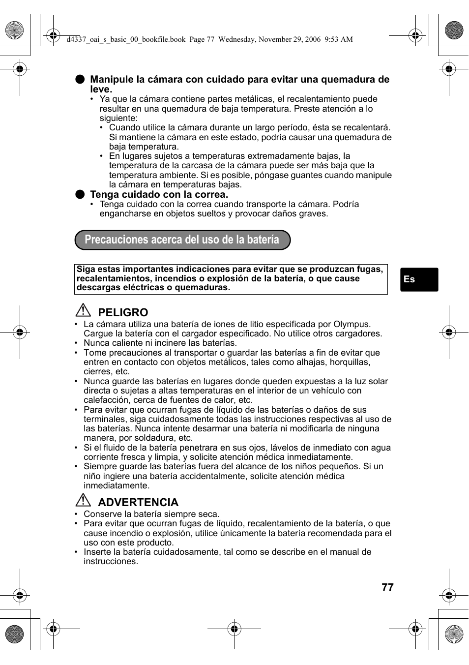 Precauciones acerca del uso de la batería, Peligro, Advertencia | Olympus FE-220 User Manual | Page 77 / 108