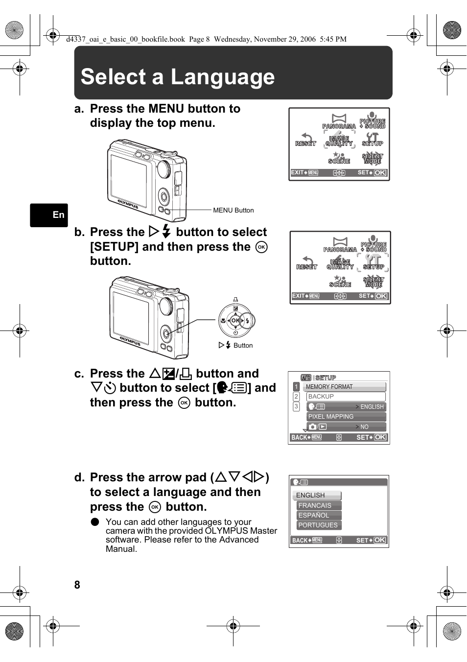 Select a language | Olympus FE-220 User Manual | Page 8 / 108