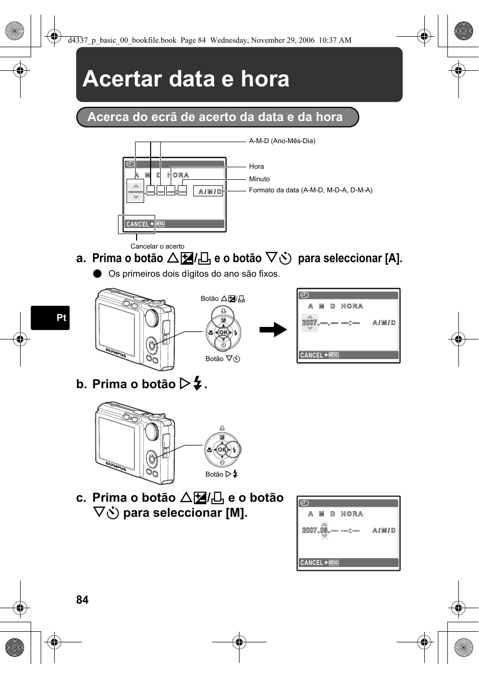 Acertar data e hora | Olympus FE-220 User Manual | Page 84 / 108