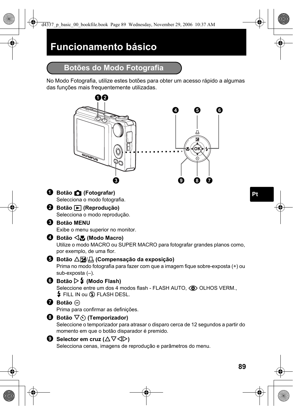 Funcionamento básico, Botões do modo fotografia | Olympus FE-220 User Manual | Page 89 / 108