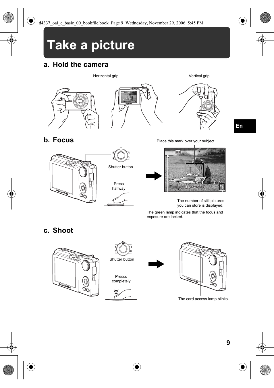 Take a picture, A. hold the camera c. shoot, B. focus | Olympus FE-220 User Manual | Page 9 / 108