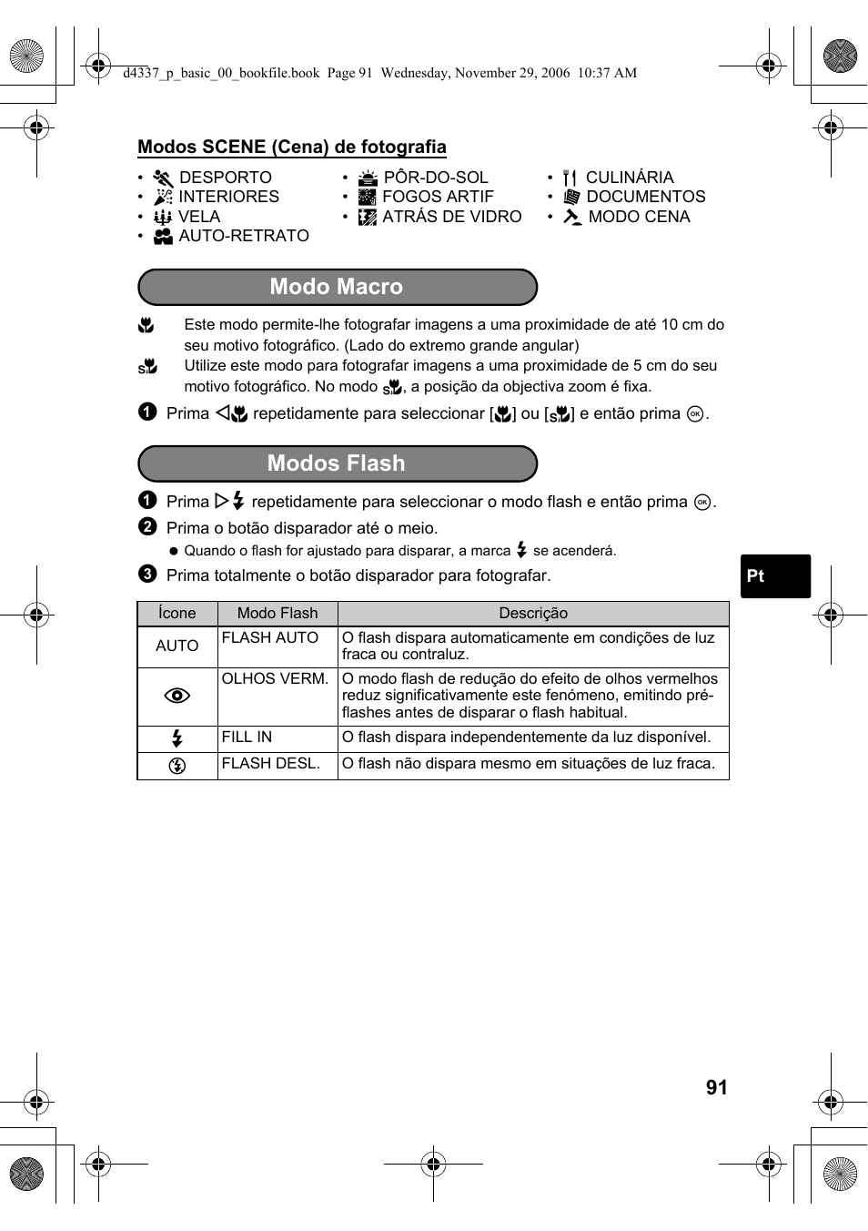 Modo macro, Modos flash | Olympus FE-220 User Manual | Page 91 / 108