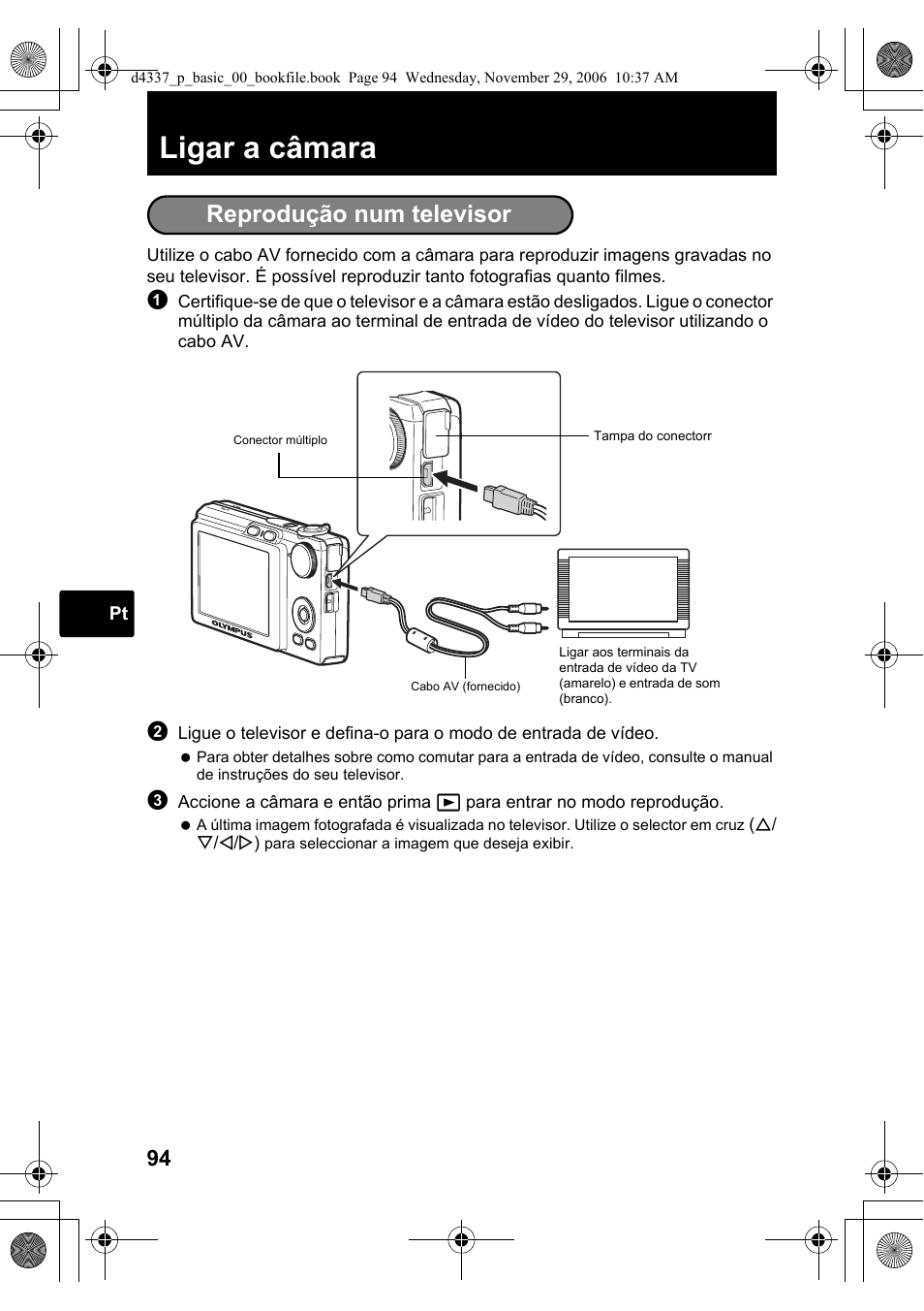 Ligar a câmara, Reprodução num televisor | Olympus FE-220 User Manual | Page 94 / 108