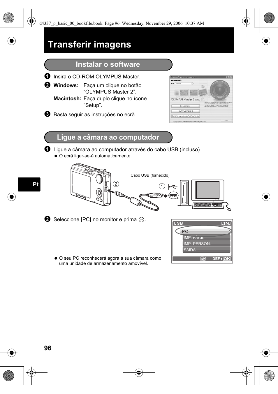 Transferir imagens, Instalar o software, Ligue a câmara ao computador | Olympus FE-220 User Manual | Page 96 / 108