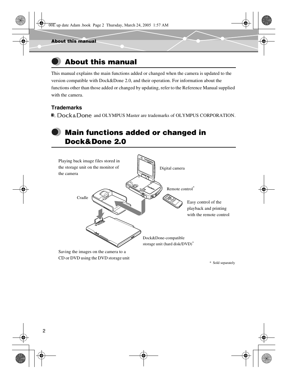 About this manual, Main functions added or changed in dock&done 2.0, Trademarks | Olympus IR-500 User Manual | Page 2 / 30