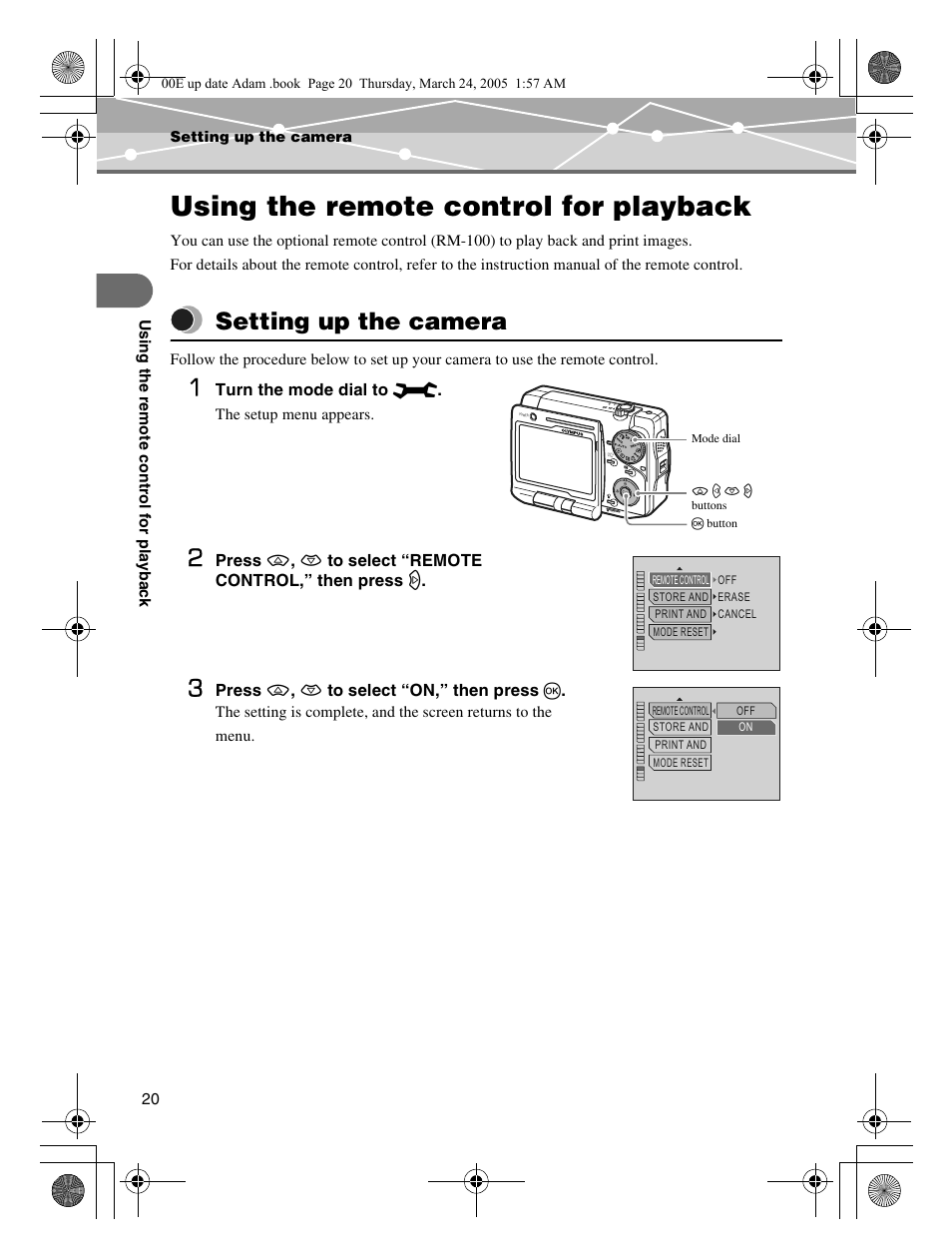 Using the remote control for playback, Setting up the camera, P.20 | Olympus IR-500 User Manual | Page 20 / 30