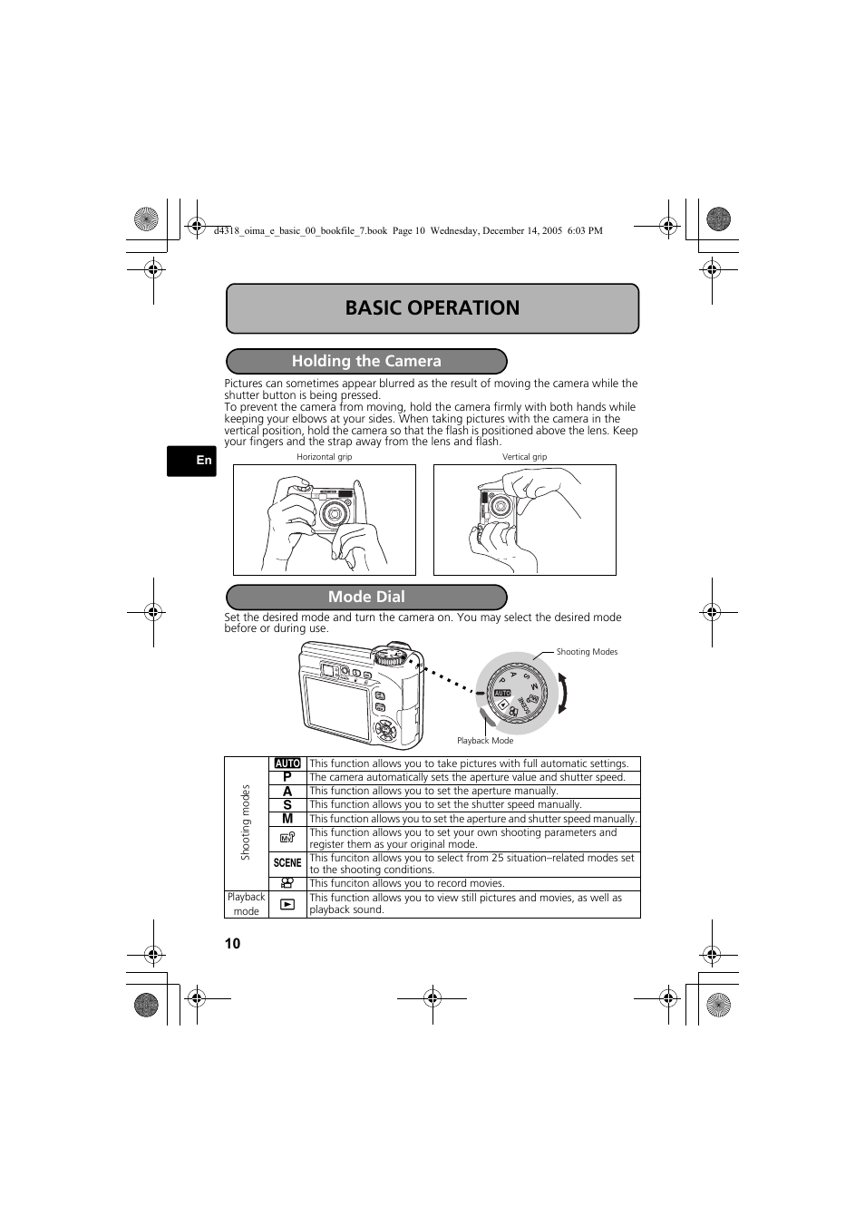 Basic operation, Holding the camera mode dial | Olympus SP-320 User Manual | Page 10 / 84