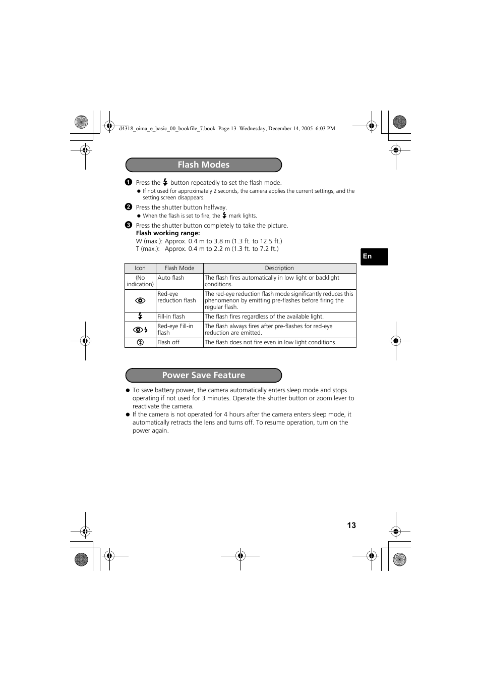 Flash modes power save feature | Olympus SP-320 User Manual | Page 13 / 84