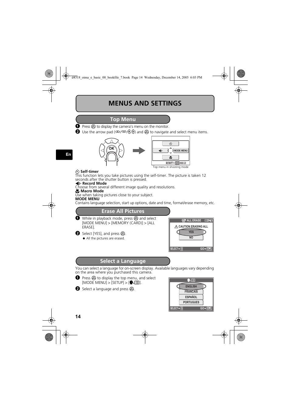 Menus and settings, Top menu, Erase all pictures | Select a language | Olympus SP-320 User Manual | Page 14 / 84