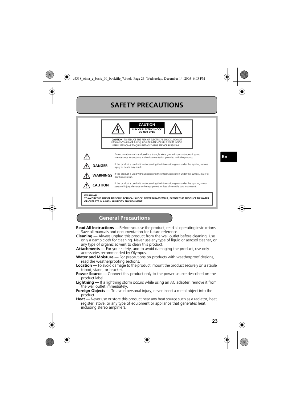 Safety precautions, General precautions | Olympus SP-320 User Manual | Page 23 / 84