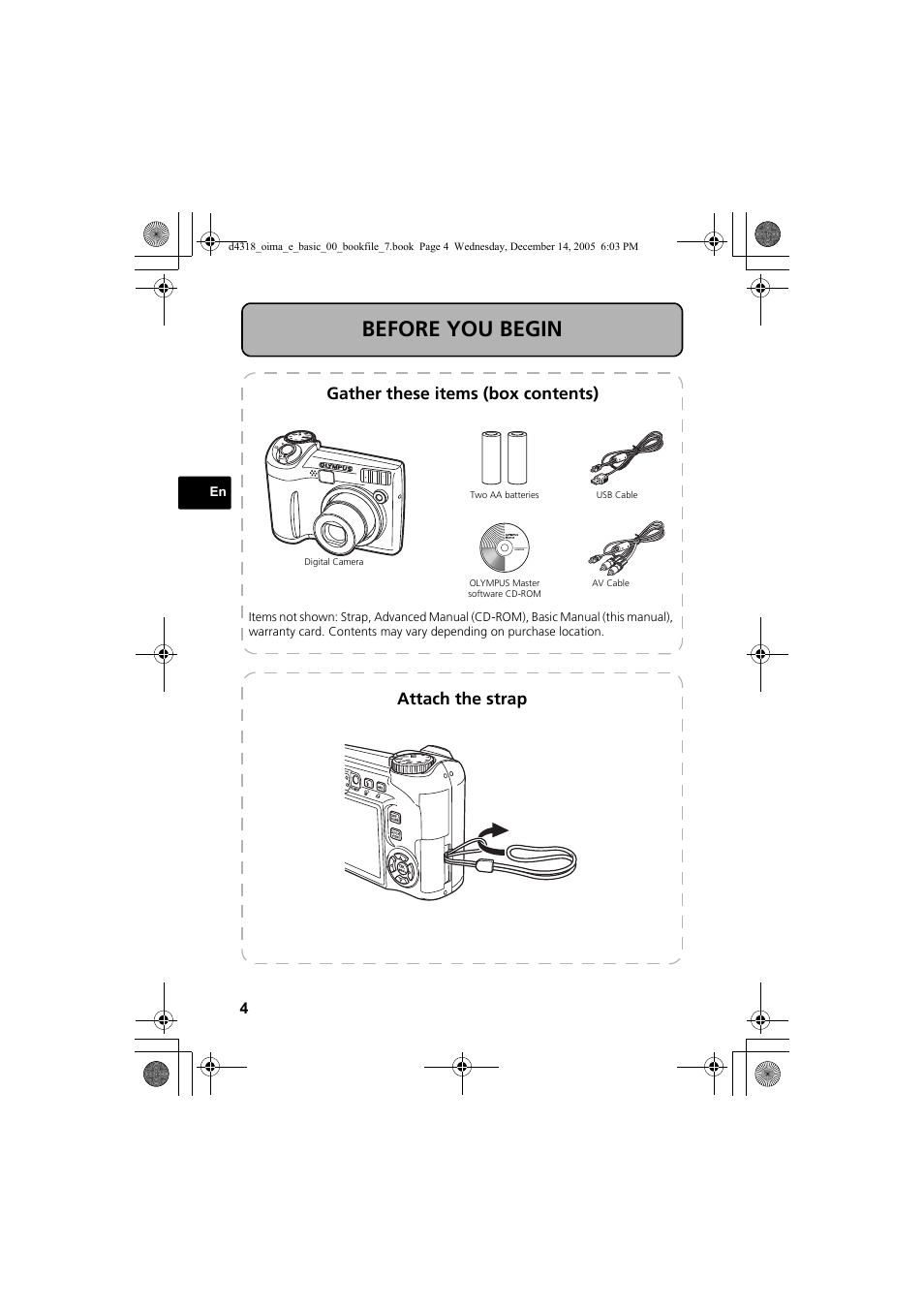 Before you begin, Gather these items (box contents), Attach the strap | Olympus SP-320 User Manual | Page 4 / 84