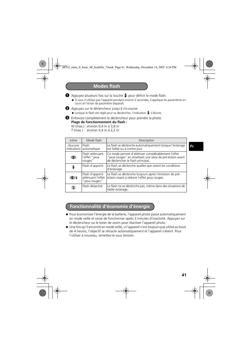 Modes flash fonctionnalité d’économie d’énergie | Olympus SP-320 User Manual | Page 41 / 84