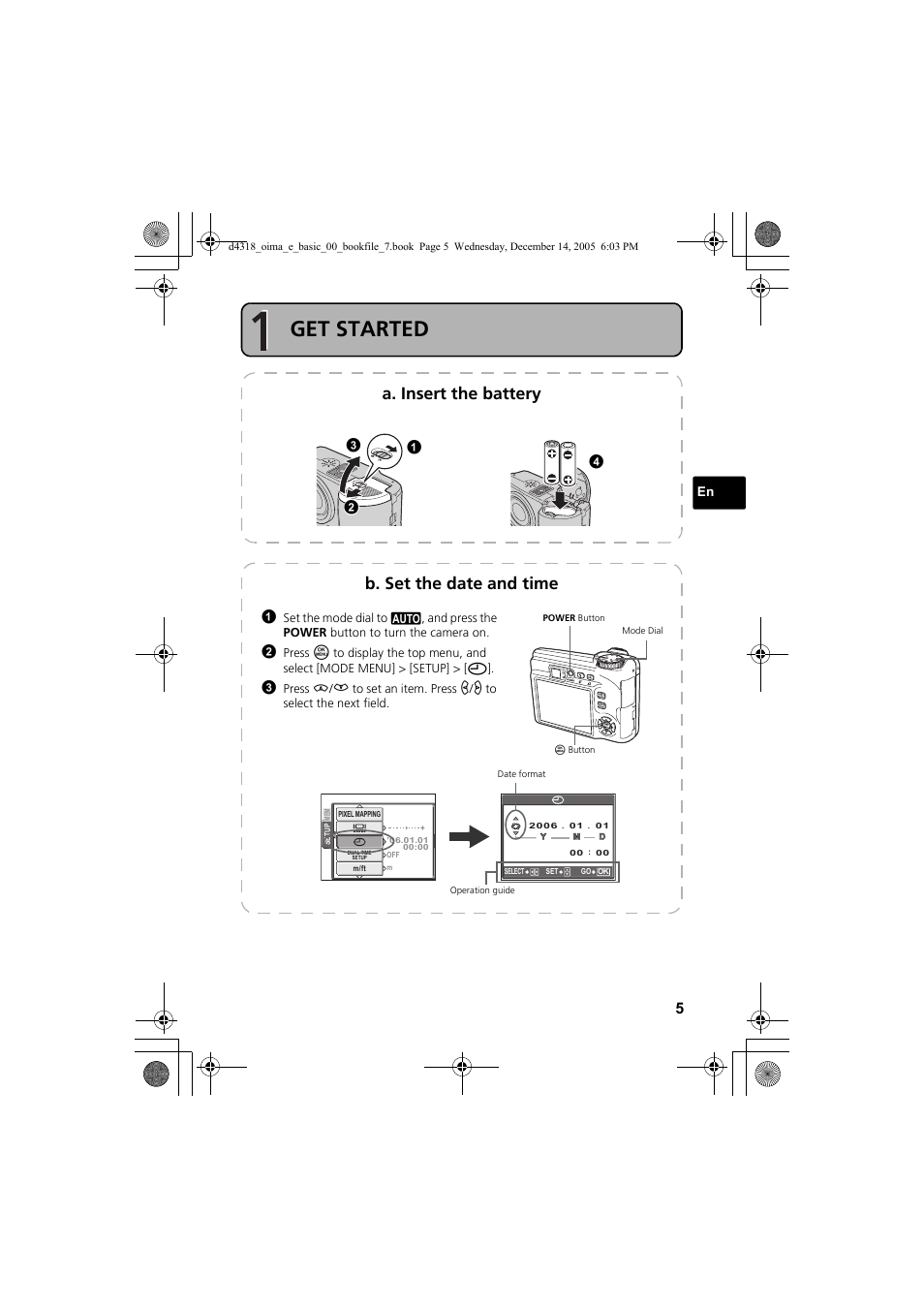 Get started, A. insert the battery, B. set the date and time | Olympus SP-320 User Manual | Page 5 / 84