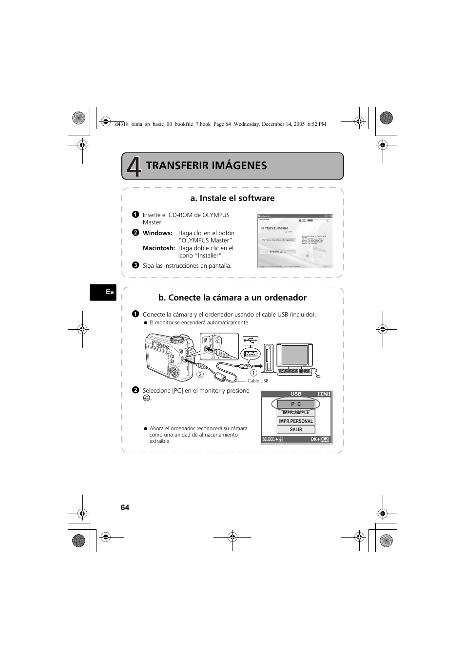Transferir imágenes, A. instale el software, B. conecte la cámara a un ordenador | Olympus SP-320 User Manual | Page 64 / 84
