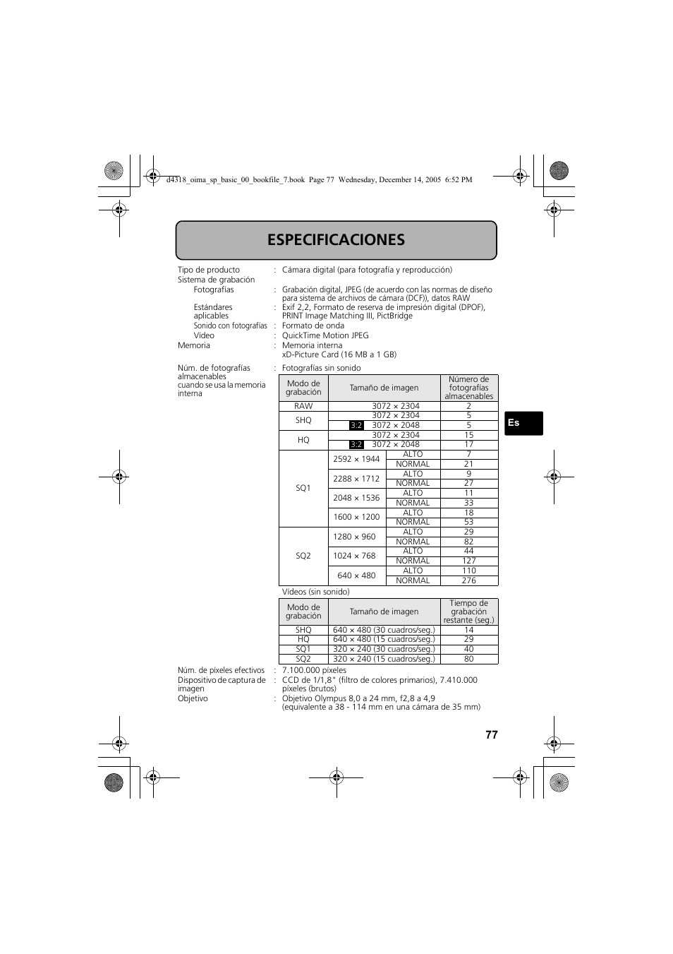 Especificaciones | Olympus SP-320 User Manual | Page 77 / 84