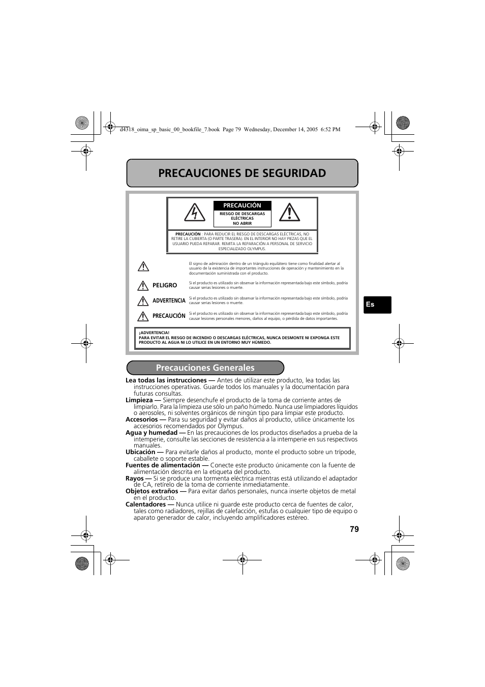 Precauciones de seguridad, Precauciones generales | Olympus SP-320 User Manual | Page 79 / 84
