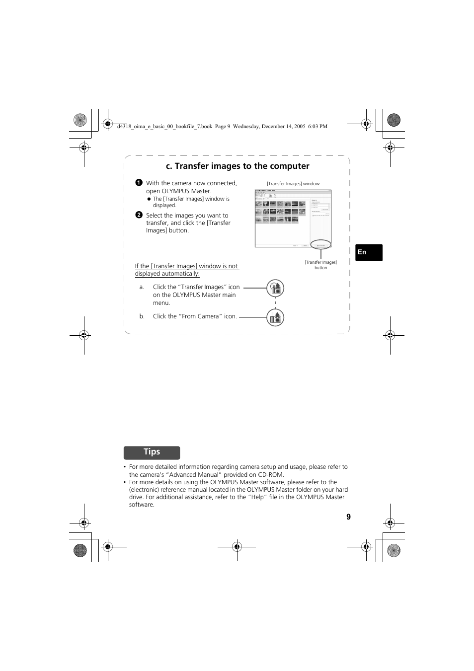 C. transfer images to the computer, Tips | Olympus SP-320 User Manual | Page 9 / 84