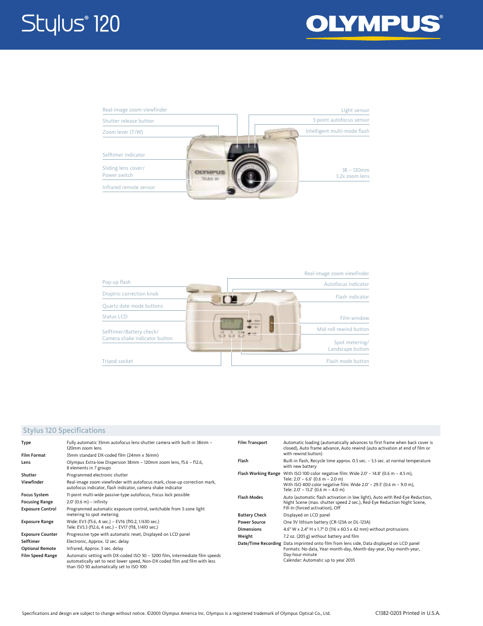 Stylus 120 specifications | Olympus Stylus 120 User Manual | Page 2 / 2