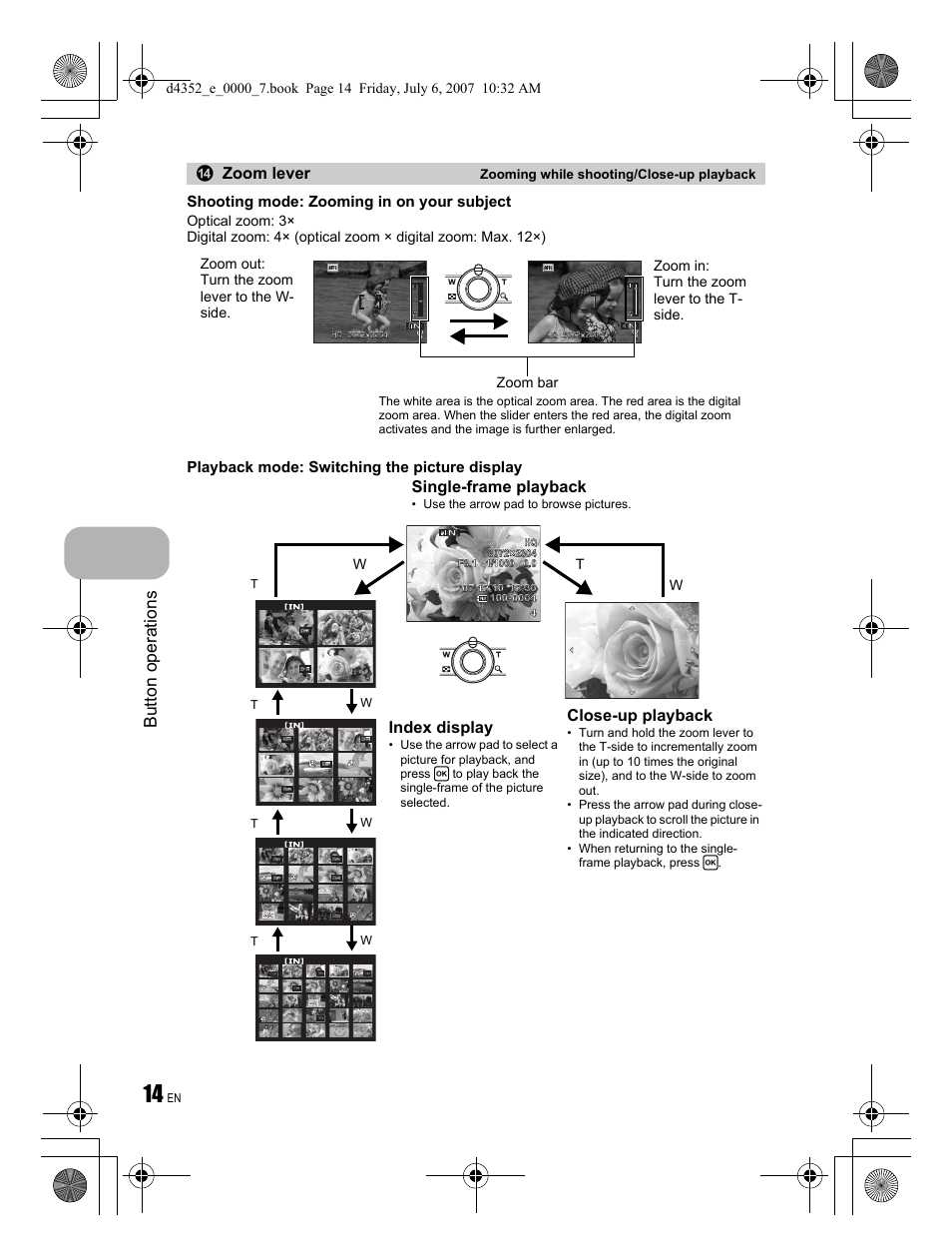 Button operations, Zoom lever, Close-up playback | Index display, Single-frame playback, Shooting mode: zooming in on your subject, Playback mode: switching the picture display | Olympus FE-270 User Manual | Page 14 / 60