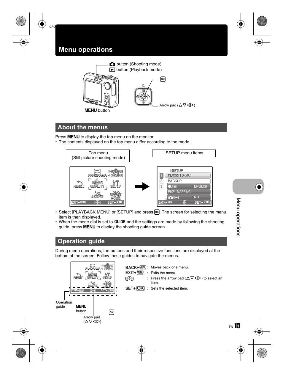 15 menu operations, About the menus operation guide, Menu operations | Olympus FE-270 User Manual | Page 15 / 60