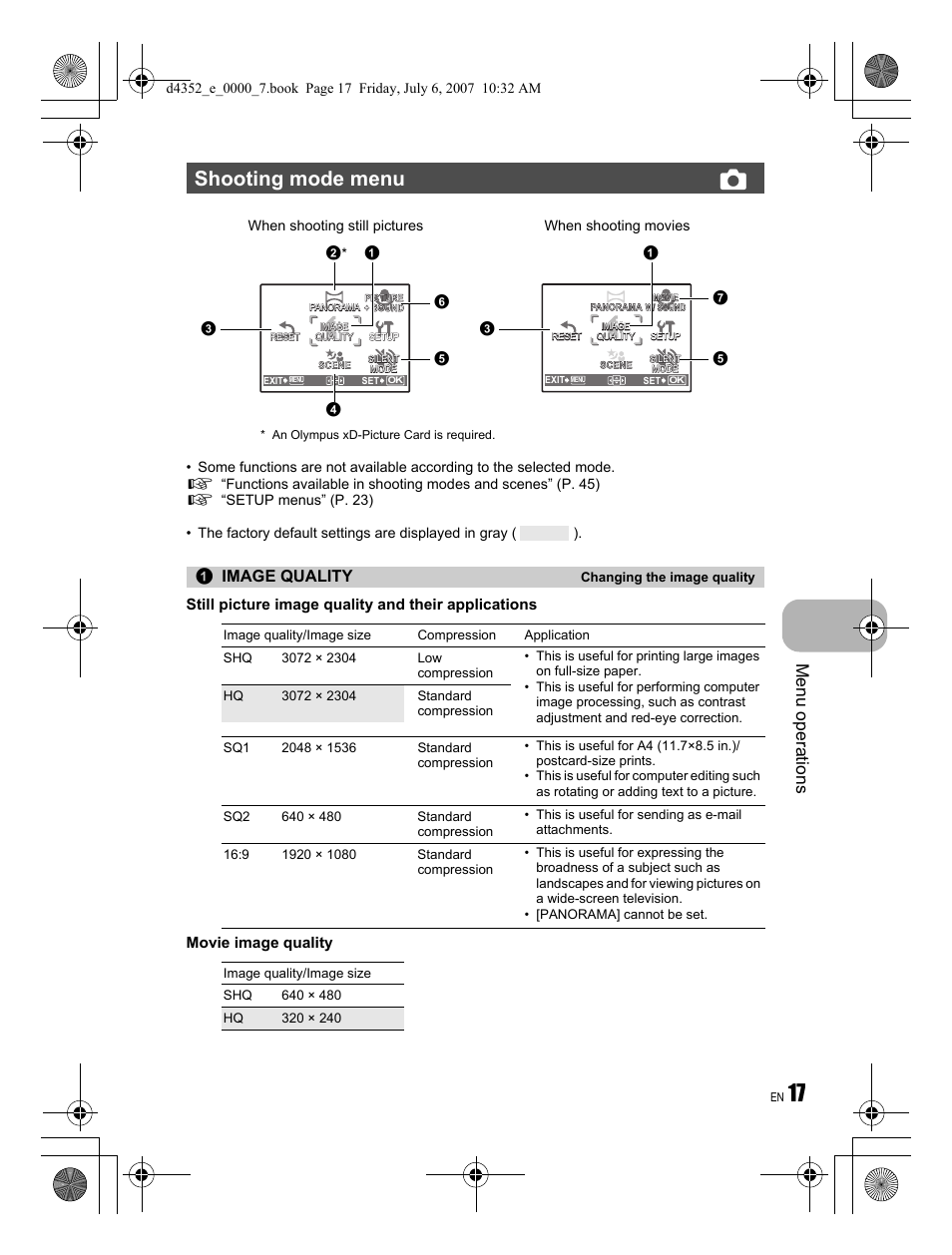 Shooting mode menu k, Menu operations, Image quality | Olympus FE-270 User Manual | Page 17 / 60