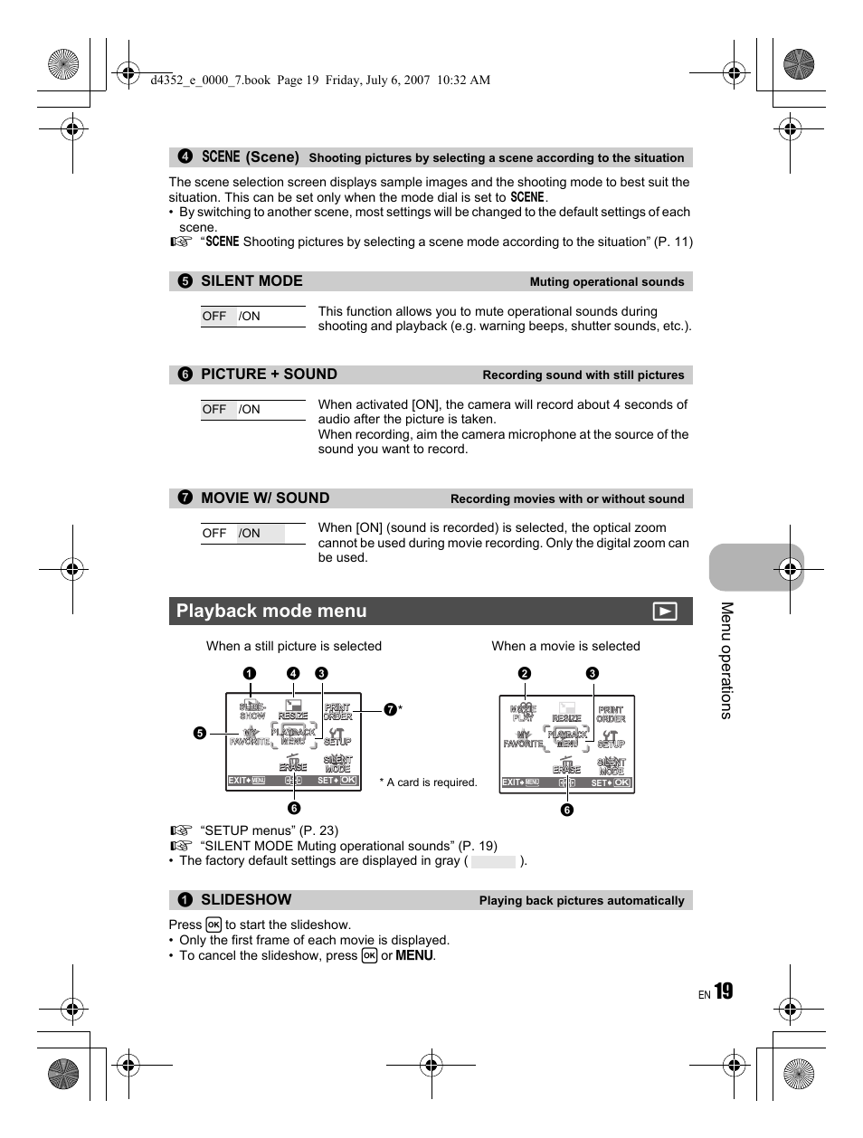 Playback mode menu q, Menu operations, F (scene) | Silent mode, Picture + sound, Movie w/ sound, Slideshow | Olympus FE-270 User Manual | Page 19 / 60