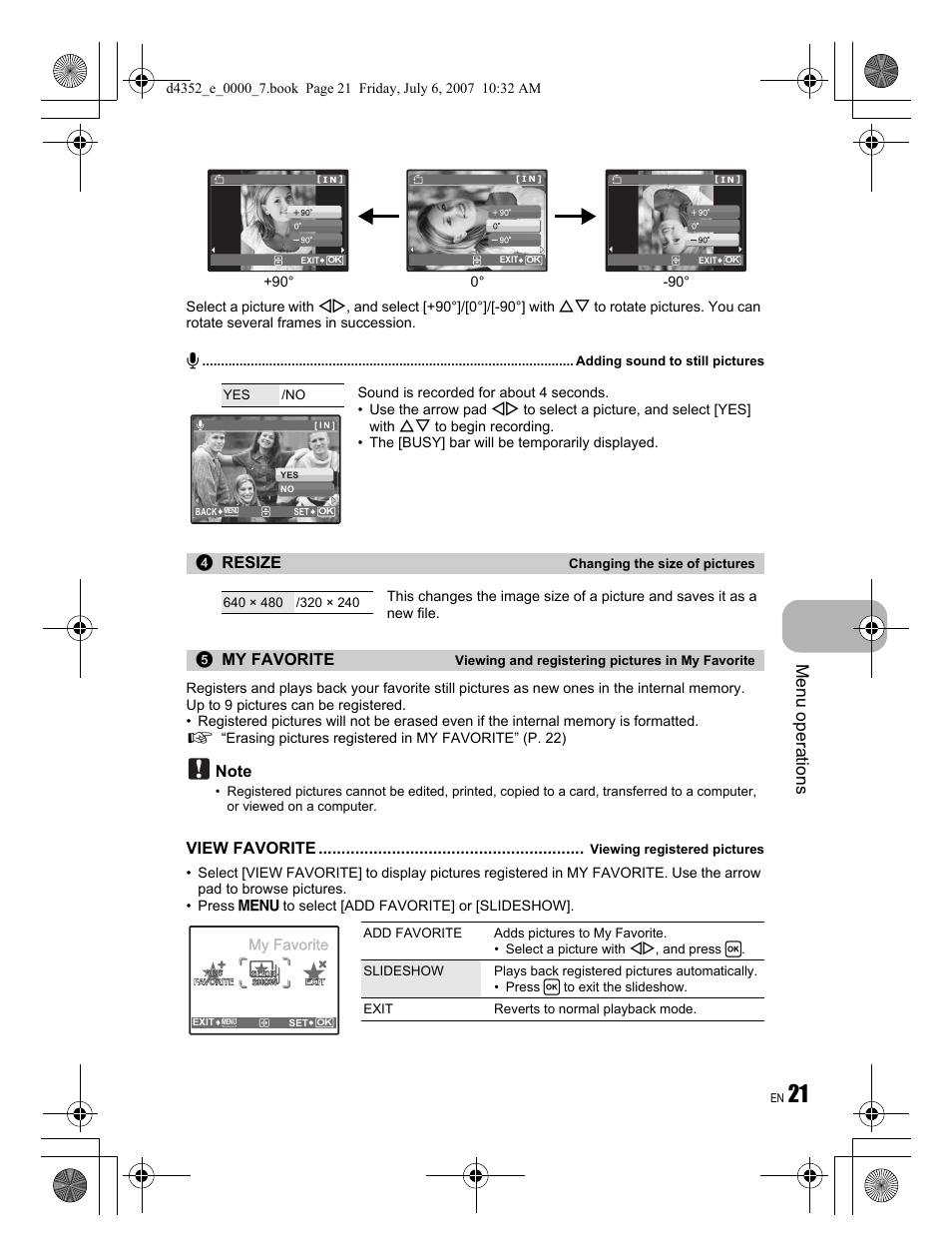 Menu operations, Resize, My favorite | View favorite | Olympus FE-270 User Manual | Page 21 / 60