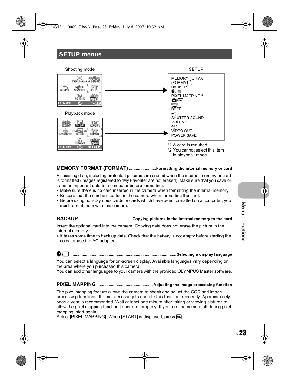 Setup menus, Menu operations, Backup | Pixel mapping | Olympus FE-270 User Manual | Page 23 / 60