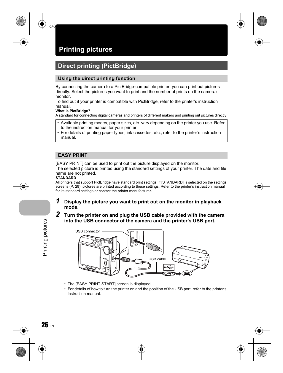 Printing pictures, Direct printing (pictbridge) | Olympus FE-270 User Manual | Page 26 / 60
