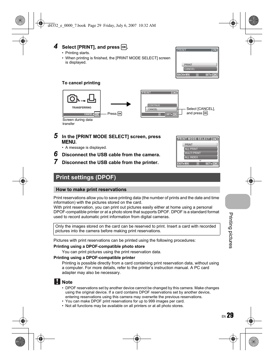 Print settings (dpof), Printing pi ctures, Select [print], and press h | Disconnect the usb cable from the camera, Disconnect the usb cable from the printer, How to make print reservations | Olympus FE-270 User Manual | Page 29 / 60