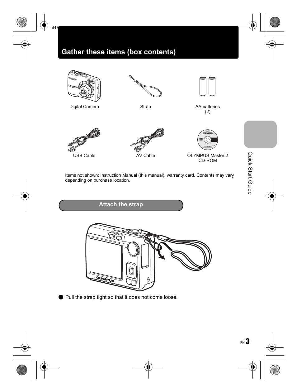 3gather these items (box contents) | Olympus FE-270 User Manual | Page 3 / 60