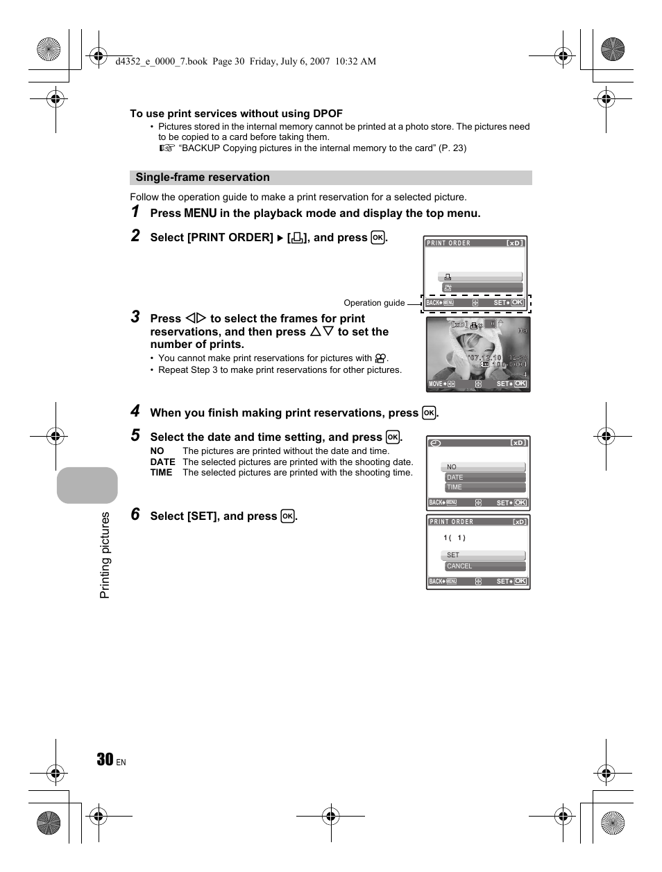 Printing pictures, Select [print order] [ < ], and press h, When you finish making print reservations, press h | Select the date and time setting, and press h | Olympus FE-270 User Manual | Page 30 / 60