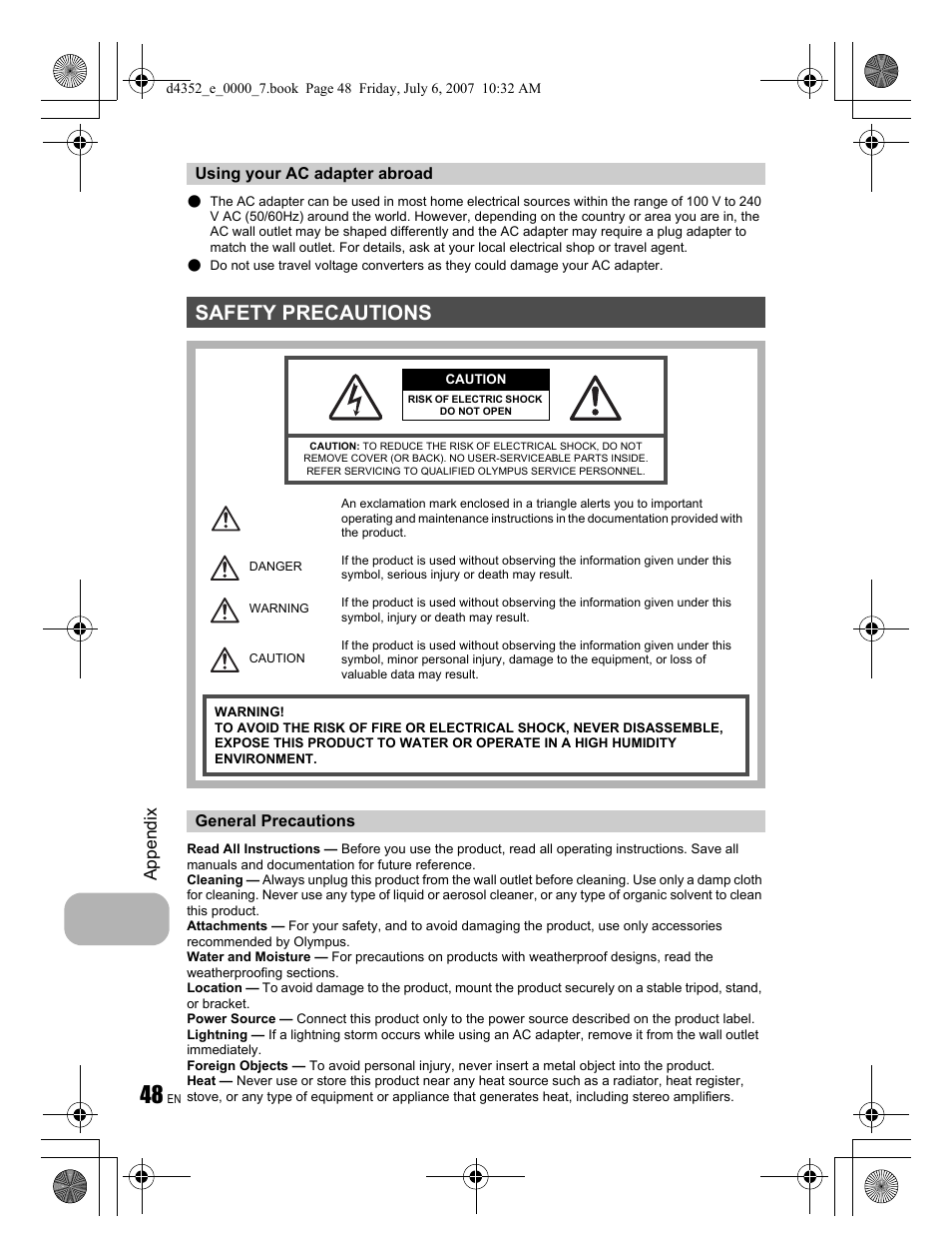 Safety precautions, Appendix | Olympus FE-270 User Manual | Page 48 / 60