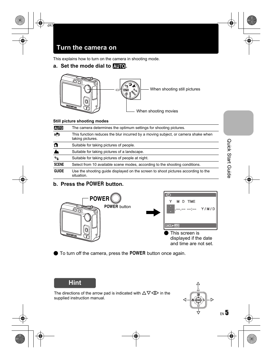 5turn the camera on, Hint, A. set the mode dial to h | B. press the o button | Olympus FE-270 User Manual | Page 5 / 60