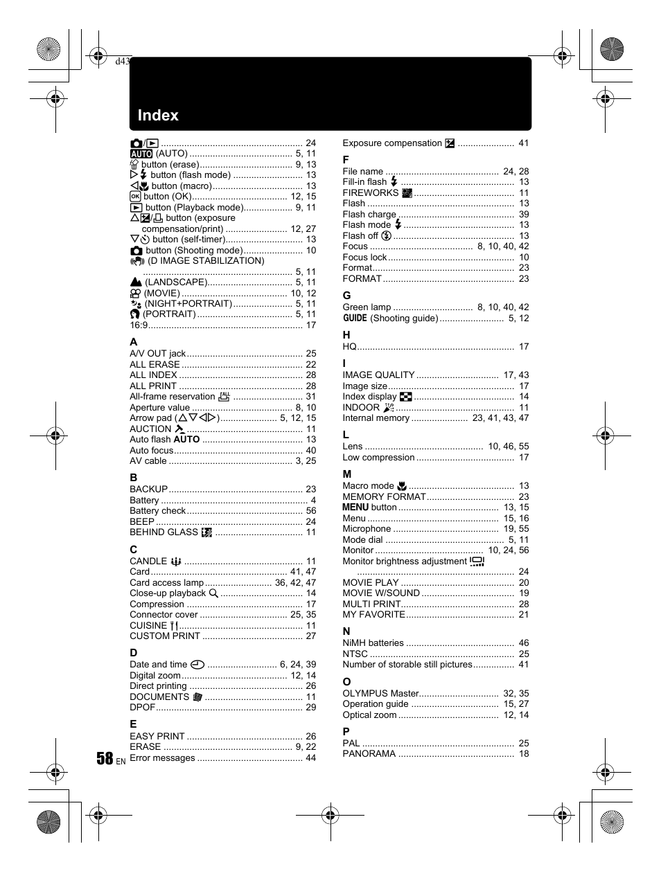 Index | Olympus FE-270 User Manual | Page 58 / 60