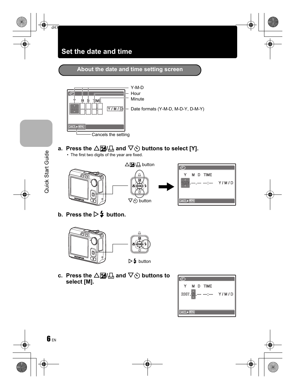 Set the date and time, A. press the of / < and ny buttons to select [y, Quick start guide | Olympus FE-270 User Manual | Page 6 / 60