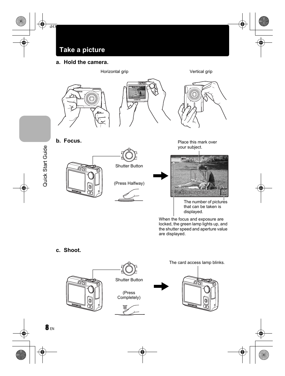 Take a picture, A. hold the camera. c. shoot, B. focus | Quick start guide | Olympus FE-270 User Manual | Page 8 / 60