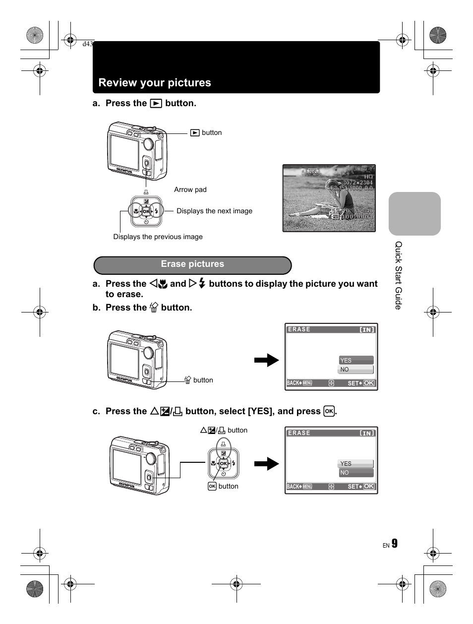 9review your pictures, Erase pictures, Quick start guide | Olympus FE-270 User Manual | Page 9 / 60