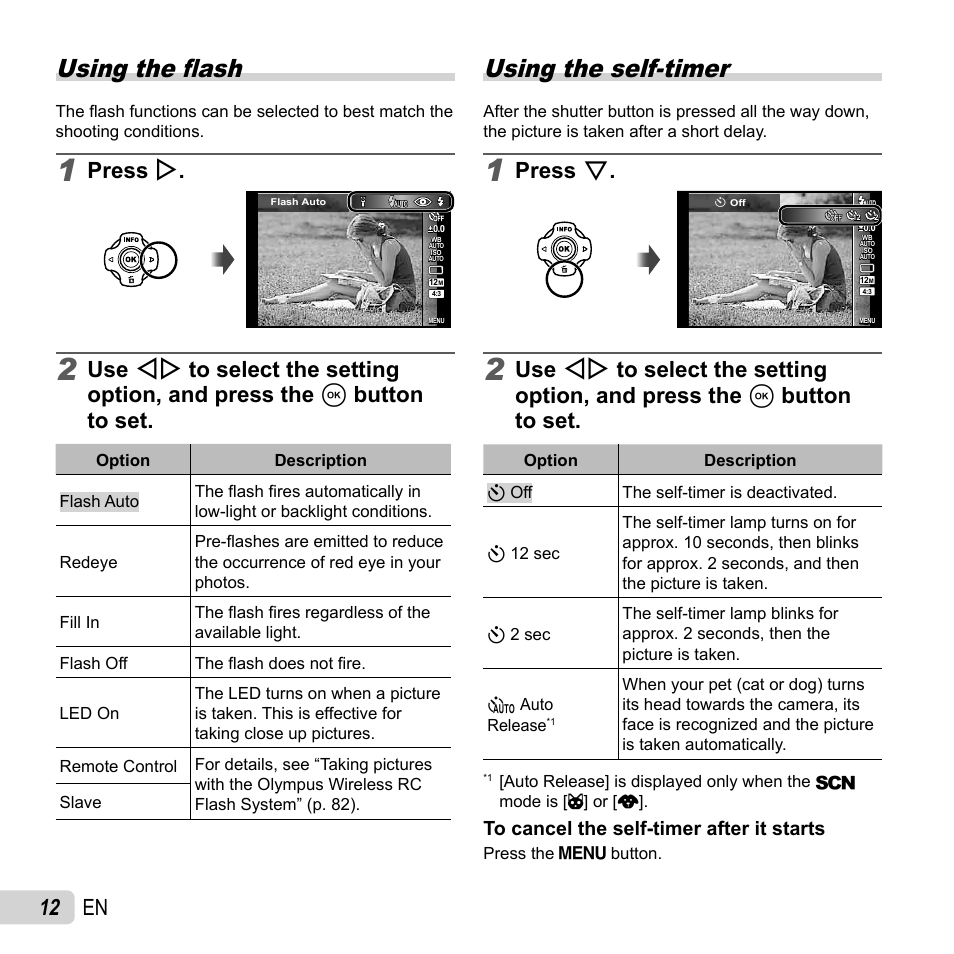 Using the fl ash, Using the self-timer, 12 en | Press i, Press g | Olympus TG-2 iHS User Manual | Page 12 / 107