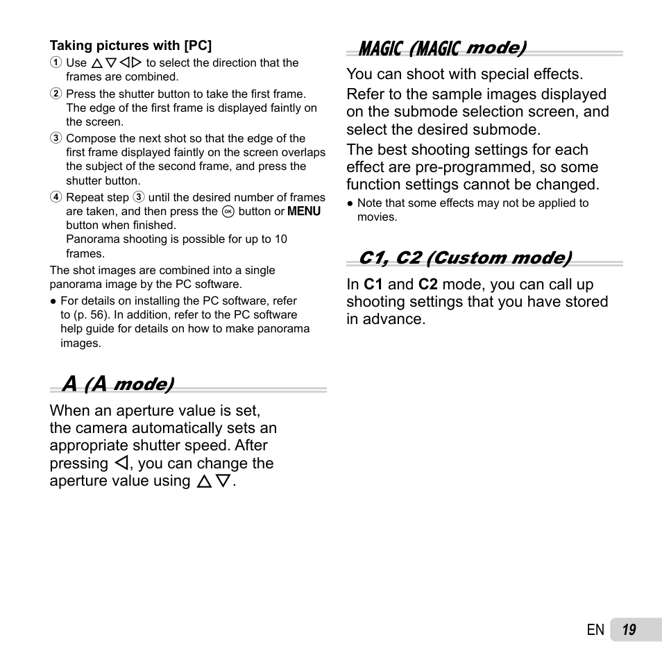 A( a mode), P( p mode), C1, c2 (custom mode) | Olympus TG-2 iHS User Manual | Page 19 / 107