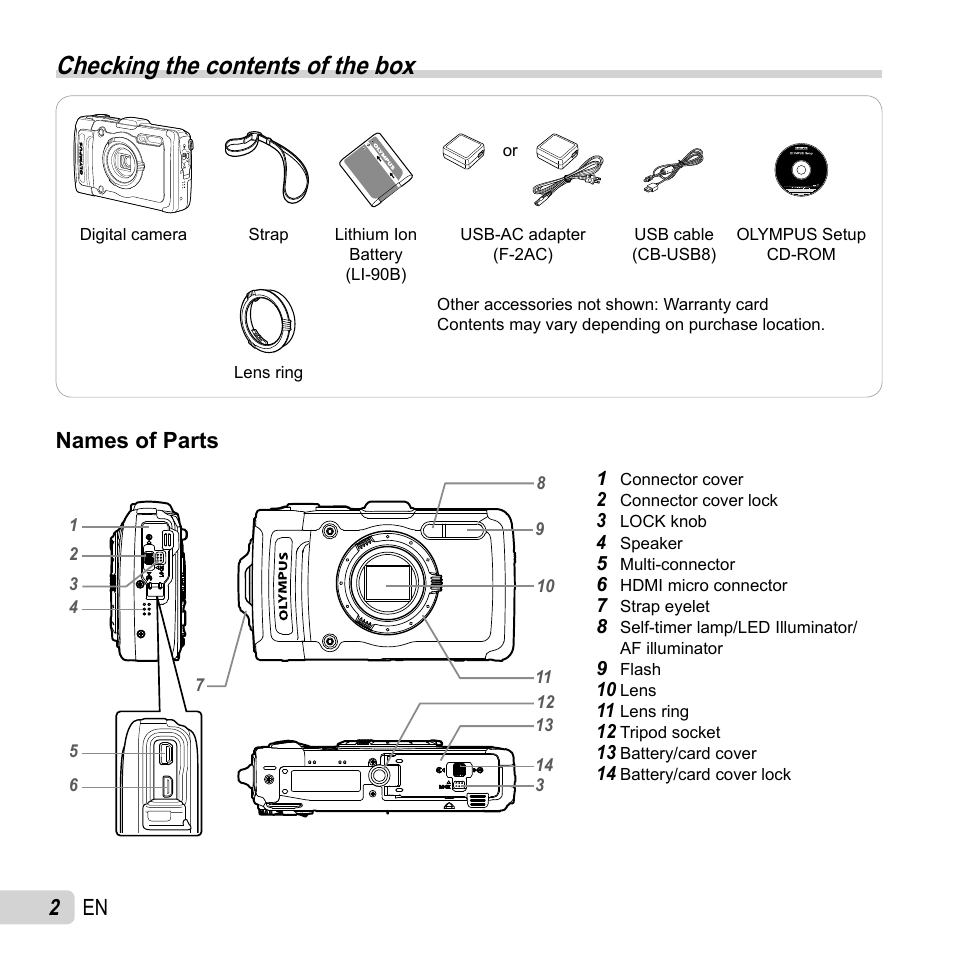 Preparing the camera, Checking the contents of the box, 2 en | Names of parts | Olympus TG-2 iHS User Manual | Page 2 / 107