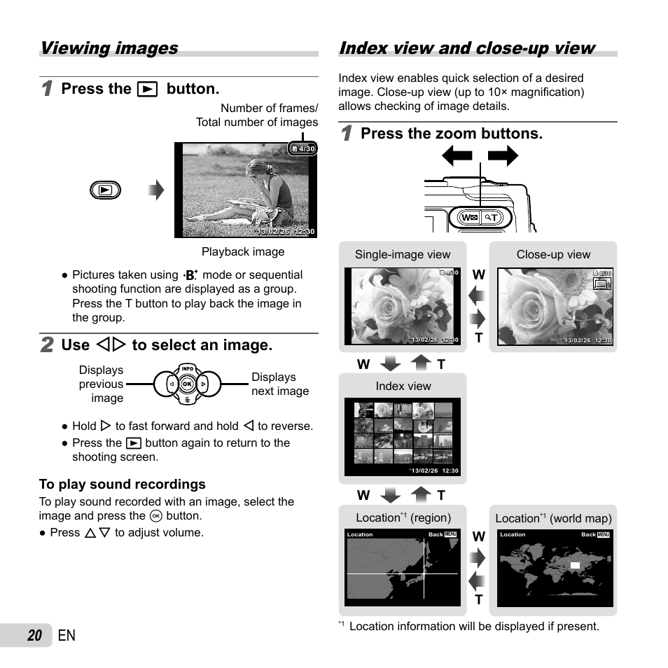 Playback, Viewing images, Index view and close-up view | 20 en, Press the q button, Use hi to select an image, Press the zoom buttons | Olympus TG-2 iHS User Manual | Page 20 / 107