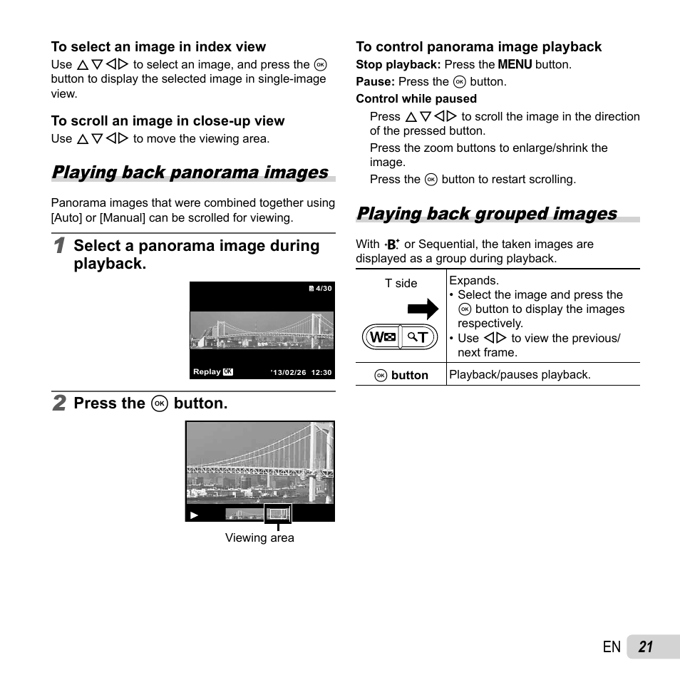 Playing back panorama images, Playing back grouped images, 21 en | Select a panorama image during playback, Press the a button | Olympus TG-2 iHS User Manual | Page 21 / 107