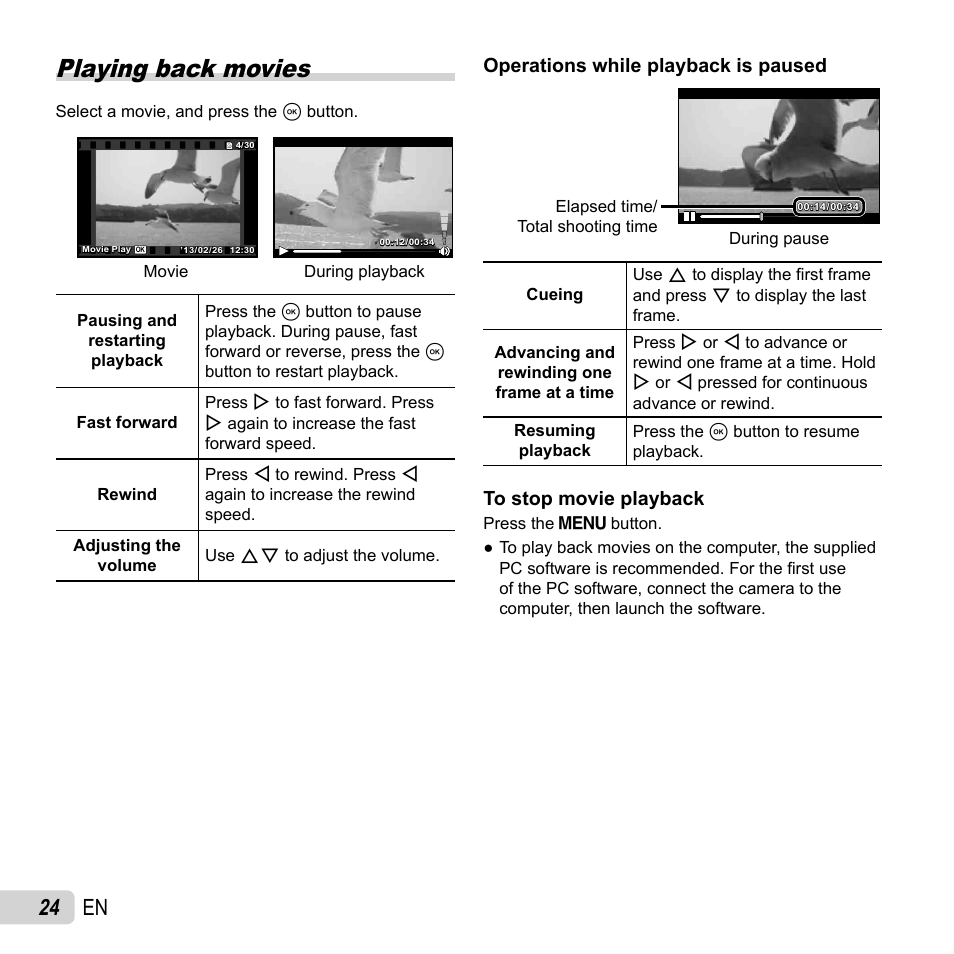 Playing back movies, 24 en, Operations while playback is paused | Olympus TG-2 iHS User Manual | Page 24 / 107